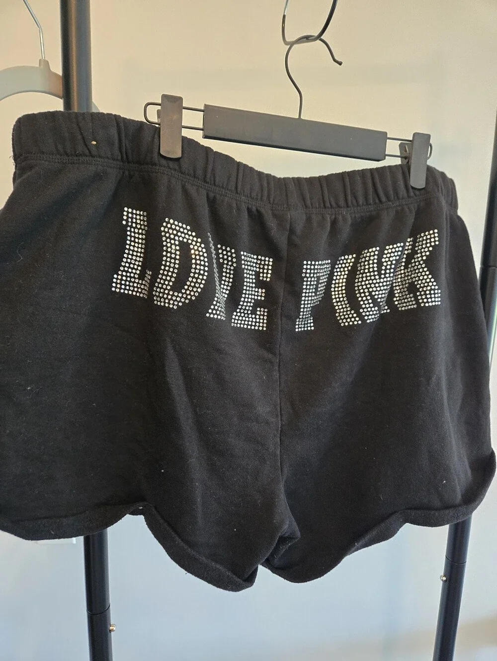 PINK Victoria’s Secret XXL Black Rhinestone Logo Fleece Shorts Casual Y2K